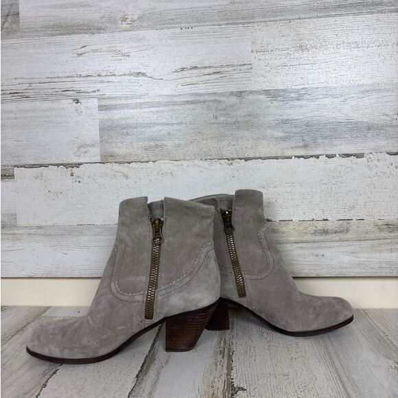 Sam Edelman Women’s 8 Louie Suede Ankle Boots Gray Fringe Block Heel Zip Boho - Picture 4 of 6